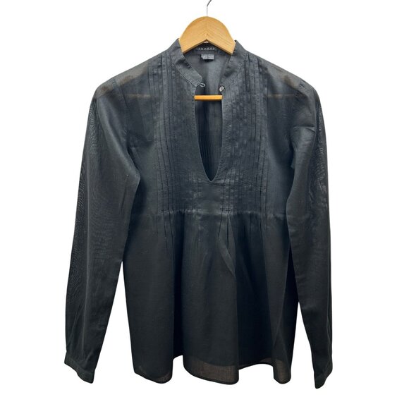 Theory Blouse Womens P Petite Blk 100% Cotton Pintuck Sheer Top Minimalist Luxe - Picture 2 of 9